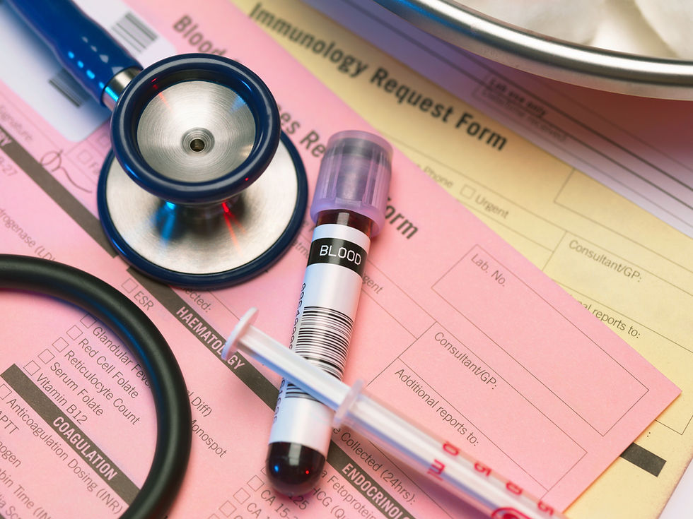 A vial of blood and a stethoscope atop pastel-coloured doctor's forms.